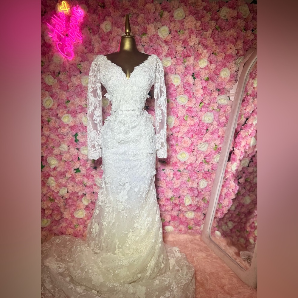 BRAND: Eve of Milady Custom White Bell Sleeve Embellished Gown